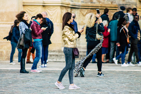 Reims France October 26, 2019 View of unknown people walking in the streets of Reims in the afternoonのeditorial素材