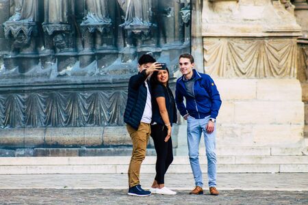 Reims France October 26, 2019 View of unknown people walking in the streets of Reims in the...