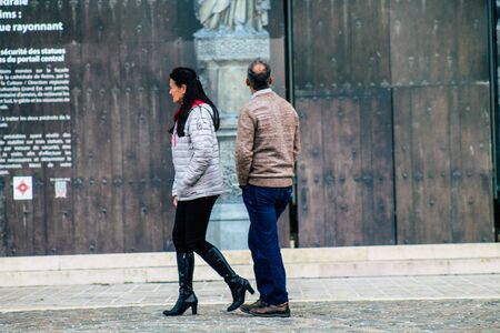 Reims France October 26, 2019 View of unknown people walking in the streets of Reims in the afternoonのeditorial素材