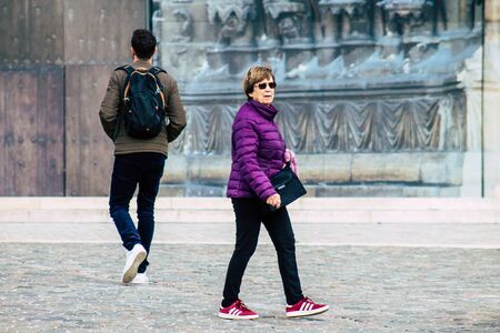 Reims France October 26, 2019 View of unknown people walking in the streets of Reims in the...