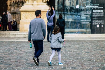 Reims France October 26, 2019 View of unknown people walking in the streets of Reims in the...