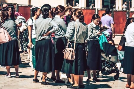 Jerusalem Israel October 06, 2019 View of unknowns religious teen having fun front the Western wall in the Old city of Jerusalem in the afternoonのeditorial素材