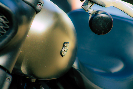 Reims France October 26, 2019 Closeup of a Harley Davidson motorbike parked in the streets of Reims in the afternoonのeditorial素材