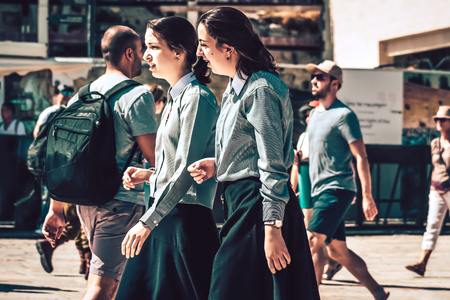 Jerusalem Israel October 06, 2019 View of unknowns religious teen having fun front the Western wall in the Old city of Jerusalem in the afternoonのeditorial素材