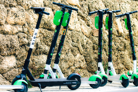 Tel Aviv Israel October 05, 2019 Closeup of electric scooters parked in the streets of Tel Aviv in the afternoonのeditorial素材