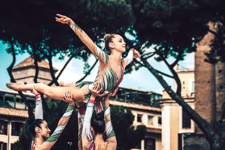 Rome Italy September 29, 2019 Celebrations of the 150th anniversary of the Italian gymnastics federation, public demonstration of young gymnasts in the streets of Rome near the Coliseumのeditorial素材