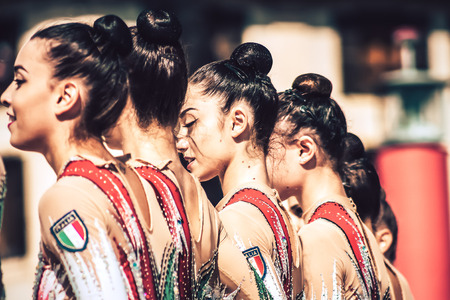 Rome Italy September 29, 2019 Celebrations of the 150th anniversary of the Italian gymnastics federation, public demonstration of young gymnasts in the streets of Rome near the Coliseumのeditorial素材