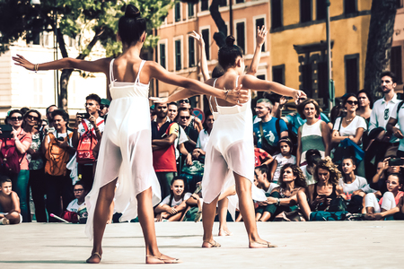 Rome Italy September 29, 2019 Celebrations of the 150th anniversary of the Italian gymnastics federation, public demonstration of young gymnasts in the streets of Rome near the Coliseumのeditorial素材