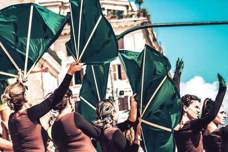 Rome Italy September 29, 2019 Celebrations of the 150th anniversary of the Italian gymnastics federation, public demonstration of young gymnasts in the streets of Rome near the Coliseumのeditorial素材