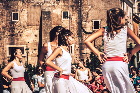 Rome Italy September 29, 2019 Celebrations of the 150th anniversary of the Italian gymnastics federation, public demonstration of young gymnasts in the streets of Rome near the Coliseumのeditorial素材