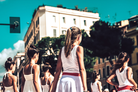Rome Italy September 29, 2019 Celebrations of the 150th anniversary of the Italian gymnastics federation, public demonstration of young gymnasts in the streets of Rome near the Coliseumのeditorial素材