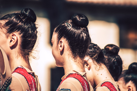 Rome Italy September 29, 2019 Celebrations of the 150th anniversary of the Italian gymnastics federation, public demonstration of young gymnasts in the streets of Rome near the Coliseumのeditorial素材
