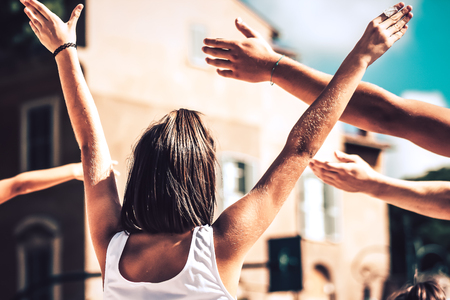 Rome Italy September 29, 2019 Celebrations of the 150th anniversary of the Italian gymnastics federation, public demonstration of young gymnasts in the streets of Rome near the Coliseumのeditorial素材