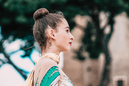 Rome Italy September 29, 2019 Celebrations of the 150th anniversary of the Italian gymnastics federation, public demonstration of young gymnasts in the streets of Rome near the Coliseumのeditorial素材