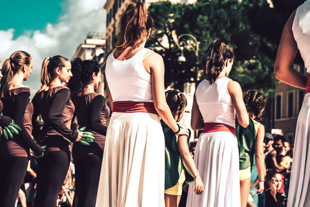 Rome Italy September 29, 2019 Celebrations of the 150th anniversary of the Italian gymnastics federation, public demonstration of young gymnasts in the streets of Rome near the Coliseumのeditorial素材