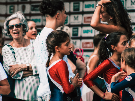 Rome Italy September 29, 2019 Celebrations of the 150th anniversary of the Italian gymnastics federation, public demonstration of young gymnasts in the streets of Rome near the Coliseumのeditorial素材