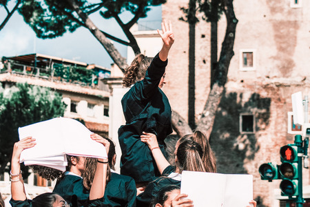 Rome Italy September 29, 2019 Celebrations of the 150th anniversary of the Italian gymnastics federation, public demonstration of young gymnasts in the streets of Rome near the Coliseumのeditorial素材