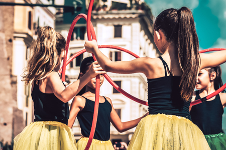 Rome Italy September 29, 2019 Celebrations of the 150th anniversary of the Italian gymnastics federation, public demonstration of young gymnasts in the streets of Rome near the Coliseumのeditorial素材
