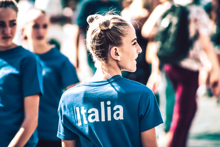 Rome Italy September 29, 2019 Celebrations of the 150th anniversary of the Italian gymnastics federation, public demonstration of young gymnasts in the streets of Rome near the Coliseumのeditorial素材