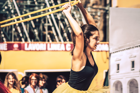 Rome Italy September 29, 2019 Celebrations of the 150th anniversary of the Italian gymnastics federation, public demonstration of young gymnasts in the streets of Rome near the Coliseumのeditorial素材