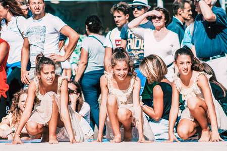Rome Italy September 29, 2019 Celebrations of the 150th anniversary of the Italian gymnastics federation, public demonstration of young gymnasts in the streets of Rome near the Coliseumのeditorial素材