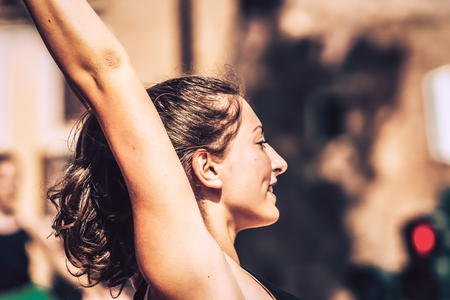 Rome Italy September 29, 2019 Celebrations of the 150th anniversary of the Italian gymnastics federation, public demonstration of young gymnasts in the streets of Rome near the Coliseumのeditorial素材