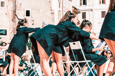 Rome Italy September 29, 2019 Celebrations of the 150th anniversary of the Italian gymnastics federation, public demonstration of young gymnasts in the streets of Rome near the Coliseumのeditorial素材