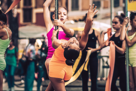 Rome Italy September 29, 2019 Celebrations of the 150th anniversary of the Italian gymnastics federation, public demonstration of young gymnasts in the streets of Rome near the Coliseumのeditorial素材