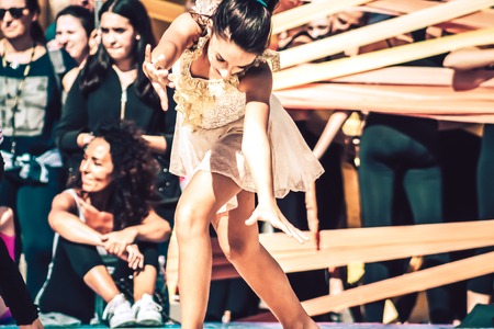Rome Italy September 29, 2019 Celebrations of the 150th anniversary of the Italian gymnastics federation, public demonstration of young gymnasts in the streets of Rome near the Coliseumのeditorial素材