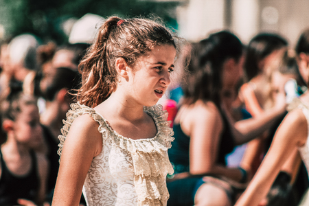 Rome Italy September 29, 2019 Celebrations of the 150th anniversary of the Italian gymnastics federation, public demonstration of young gymnasts in the streets of Rome near the Coliseumのeditorial素材