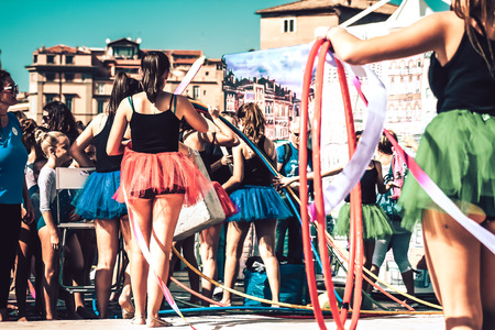 Rome Italy September 29, 2019 Celebrations of the 150th anniversary of the Italian gymnastics federation, public demonstration of young gymnasts in the streets of Rome near the Coliseumのeditorial素材