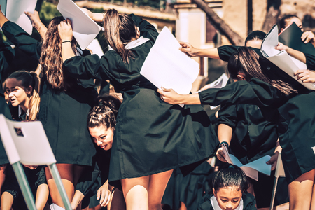 Rome Italy September 29, 2019 Celebrations of the 150th anniversary of the Italian gymnastics federation, public demonstration of young gymnasts in the streets of Rome near the Coliseumのeditorial素材