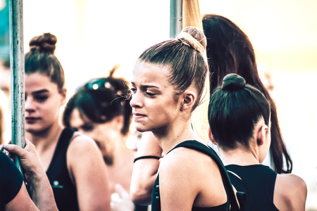 Rome Italy September 29, 2019 Celebrations of the 150th anniversary of the Italian gymnastics federation, public demonstration of young gymnasts in the streets of Rome near the Coliseumのeditorial素材