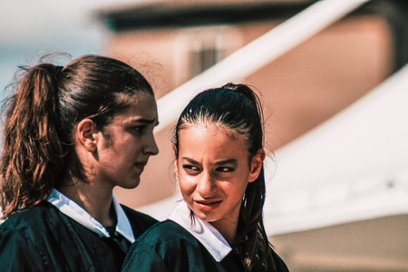 Rome Italy September 29, 2019 Celebrations of the 150th anniversary of the Italian gymnastics federation, public demonstration of young gymnasts in the streets of Rome near the Coliseumのeditorial素材