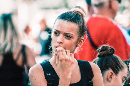 Rome Italy September 29, 2019 Celebrations of the 150th anniversary of the Italian gymnastics federation, public demonstration of young gymnasts in the streets of Rome near the Coliseumのeditorial素材