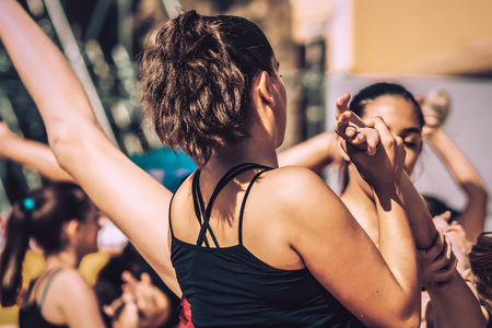 Rome Italy September 29, 2019 Celebrations of the 150th anniversary of the Italian gymnastics federation, public demonstration of young gymnasts in the streets of Rome near the Coliseumのeditorial素材