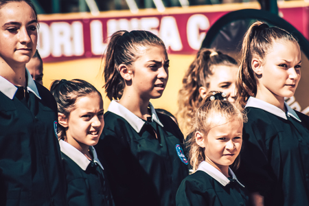 Rome Italy September 29, 2019 Celebrations of the 150th anniversary of the Italian gymnastics federation, public demonstration of young gymnasts in the streets of Rome near the Coliseumのeditorial素材