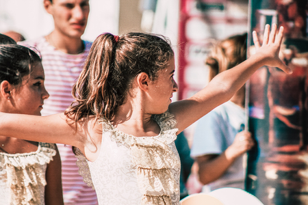 Rome Italy September 29, 2019 Celebrations of the 150th anniversary of the Italian gymnastics federation, public demonstration of young gymnasts in the streets of Rome near the Coliseumのeditorial素材