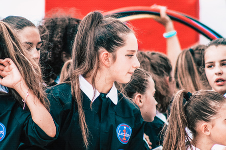 Rome Italy September 29, 2019 Celebrations of the 150th anniversary of the Italian gymnastics federation, public demonstration of young gymnasts in the streets of Rome near the Coliseumのeditorial素材