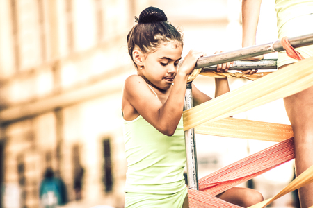 Rome Italy September 29, 2019 Celebrations of the 150th anniversary of the Italian gymnastics federation, public demonstration of young gymnasts in the streets of Rome near the Coliseumのeditorial素材