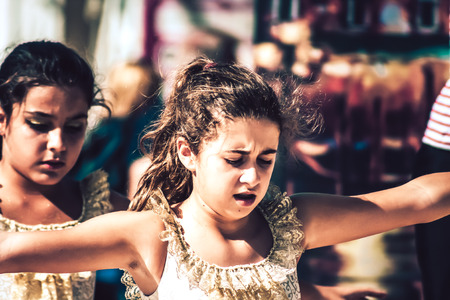 Rome Italy September 29, 2019 Celebrations of the 150th anniversary of the Italian gymnastics federation, public demonstration of young gymnasts in the streets of Rome near the Coliseumのeditorial素材