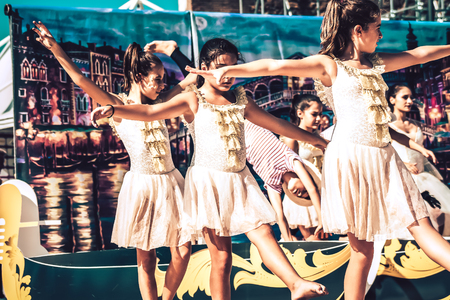 Rome Italy September 29, 2019 Celebrations of the 150th anniversary of the Italian gymnastics federation, public demonstration of young gymnasts in the streets of Rome near the Coliseumのeditorial素材