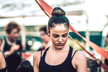 Rome Italy September 29, 2019 Celebrations of the 150th anniversary of the Italian gymnastics federation, public demonstration of young gymnasts in the streets of Rome near the Coliseumのeditorial素材
