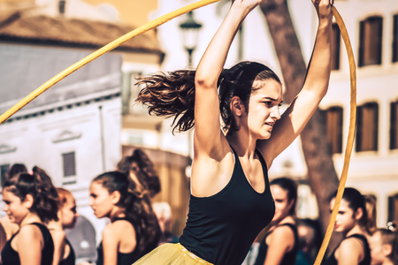 Rome Italy September 29, 2019 Celebrations of the 150th anniversary of the Italian gymnastics federation, public demonstration of young gymnasts in the streets of Rome near the Coliseumのeditorial素材
