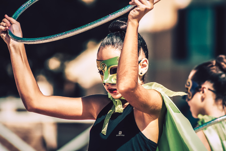 Rome Italy September 29, 2019 Celebrations of the 150th anniversary of the Italian gymnastics federation, public demonstration of young gymnasts in the streets of Rome near the Coliseumのeditorial素材