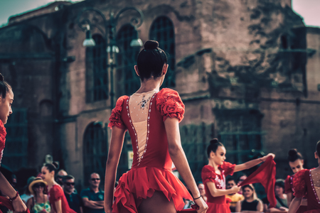 Rome Italy September 29, 2019 Celebrations of the 150th anniversary of the Italian gymnastics federation, public demonstration of young gymnasts in the streets of Rome near the Coliseumのeditorial素材