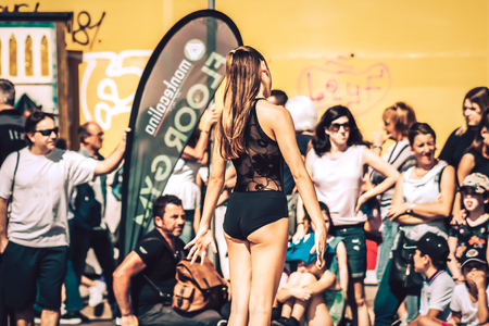 Rome Italy September 29, 2019 Celebrations of the 150th anniversary of the Italian gymnastics federation, public demonstration of young gymnasts in the streets of Rome near the Coliseumのeditorial素材