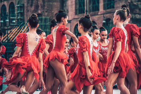 Rome Italy September 29, 2019 Celebrations of the 150th anniversary of the Italian gymnastics federation, public demonstration of young gymnasts in the streets of Rome near the Coliseumのeditorial素材