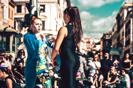 Rome Italy September 29, 2019 Celebrations of the 150th anniversary of the Italian gymnastics federation, public demonstration of young gymnasts in the streets of Rome near the Coliseumのeditorial素材