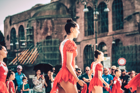 Rome Italy September 29, 2019 Celebrations of the 150th anniversary of the Italian gymnastics federation, public demonstration of young gymnasts in the streets of Rome near the Coliseumのeditorial素材